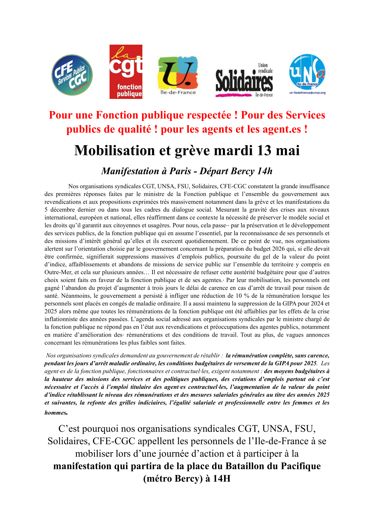 Appel régional Grève Fonction publique 13 mai